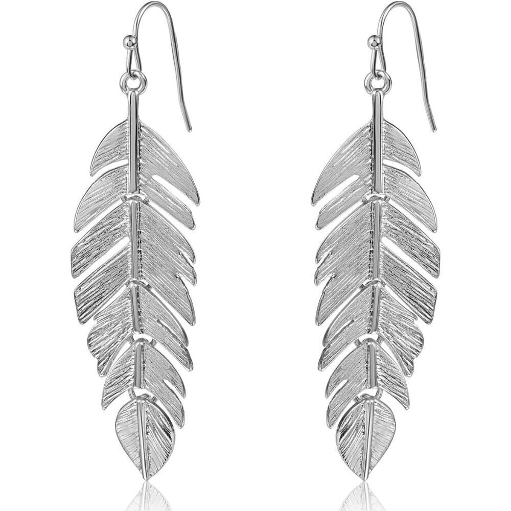 Women's Leaf Long Hanging Boho Humble Chic Feather Plated Metal Silver Earrings